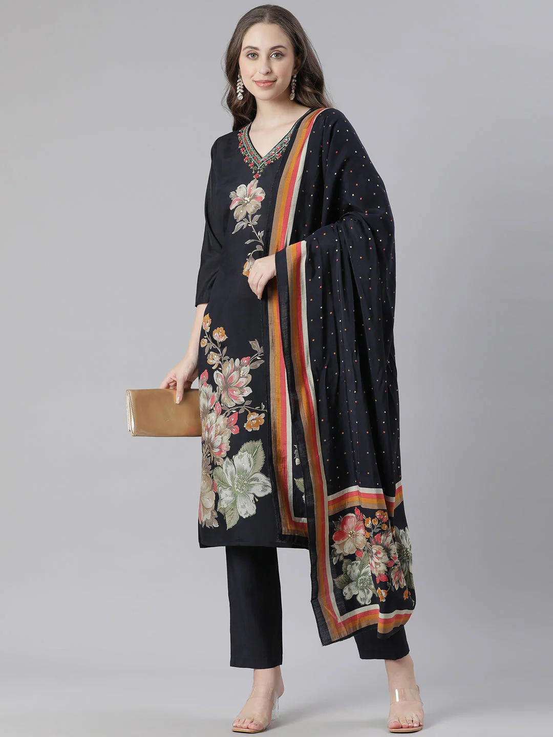 Neerus Black Printed Straight Kurta and Trousers With Dupatta - Image 5