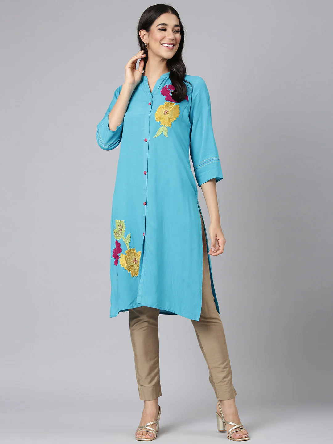 Neerus Blue Casual Solid Straight Kurta - Image 5