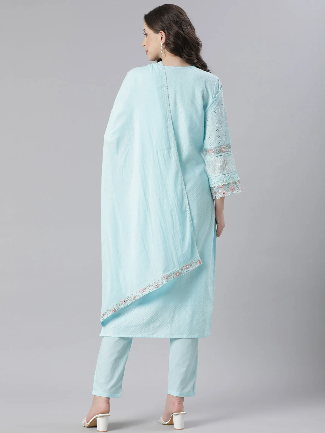 Neerus Blue Embroidered Straight Kurta and Trousers With Dupatta - Image 3