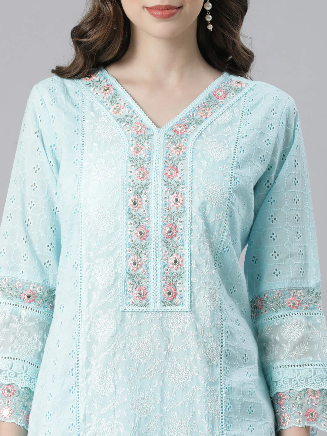 Neerus Blue Embroidered Straight Kurta and Trousers With Dupatta - Image 4