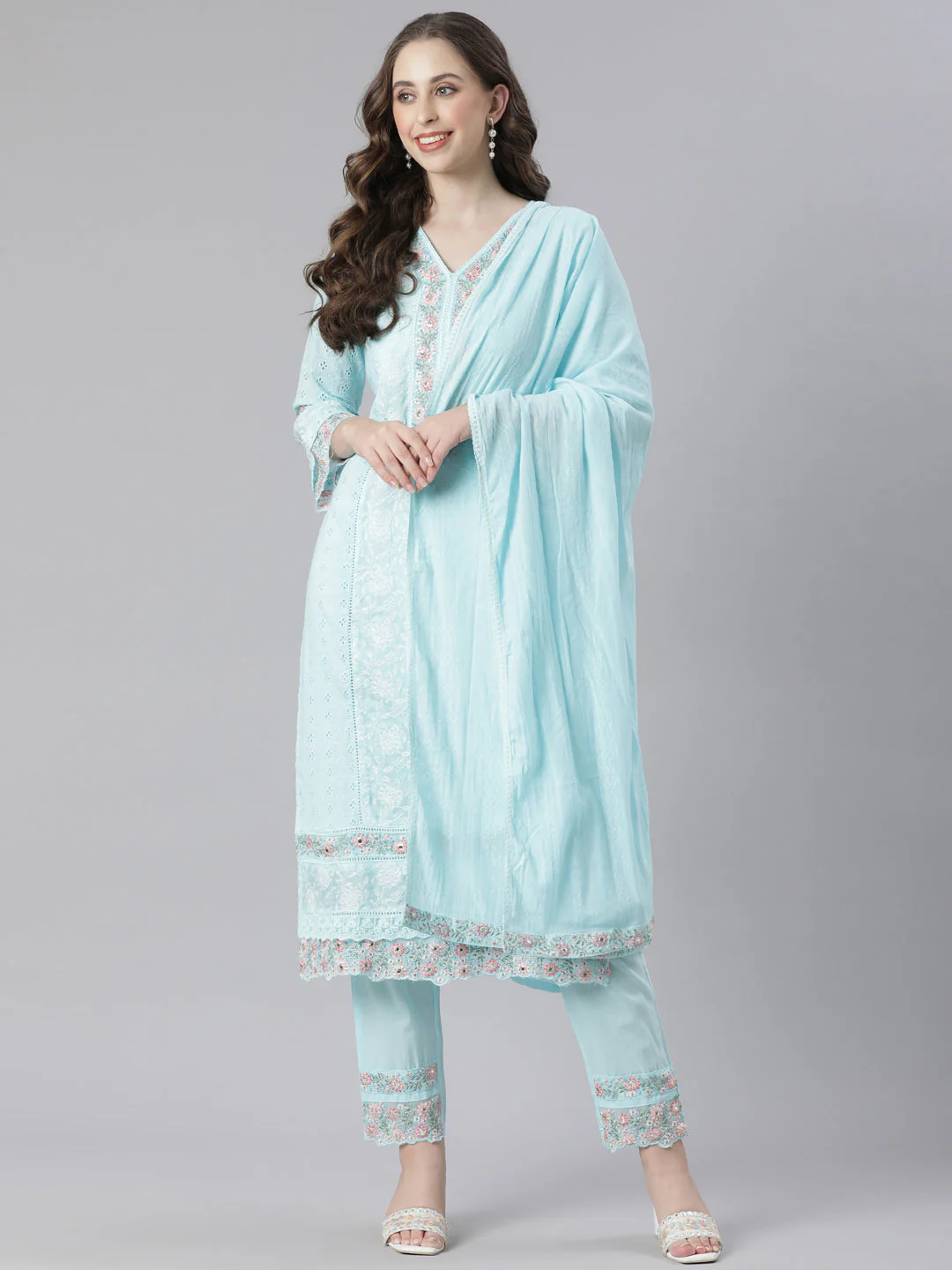 Neerus Blue Embroidered Straight Kurta and Trousers With Dupatta - Image 5