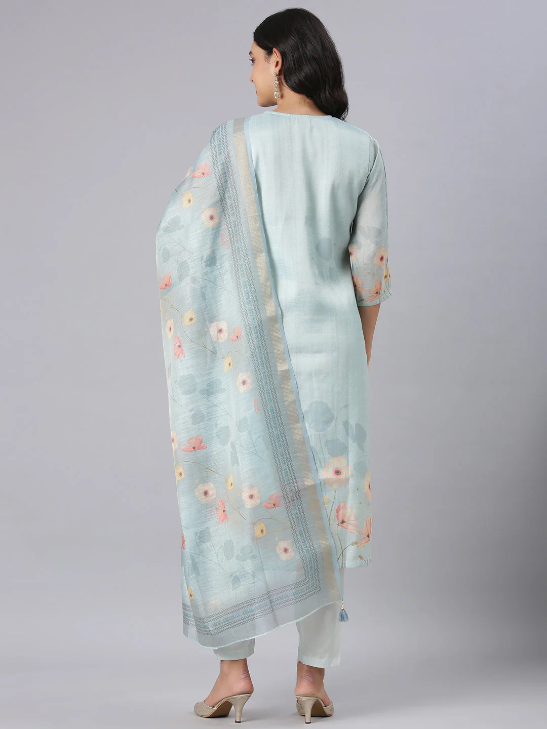 Neerus Blue Printed Straight Kurta And Trousers With Dupatta - Image 3