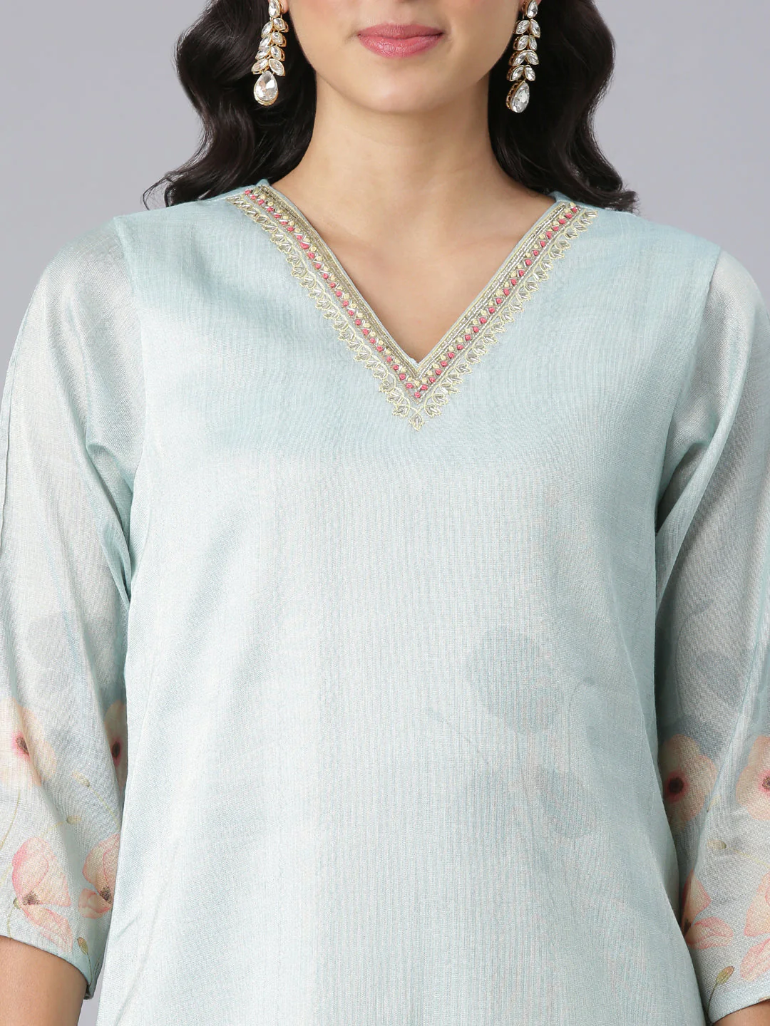 Neerus Blue Printed Straight Kurta And Trousers With Dupatta - Image 4