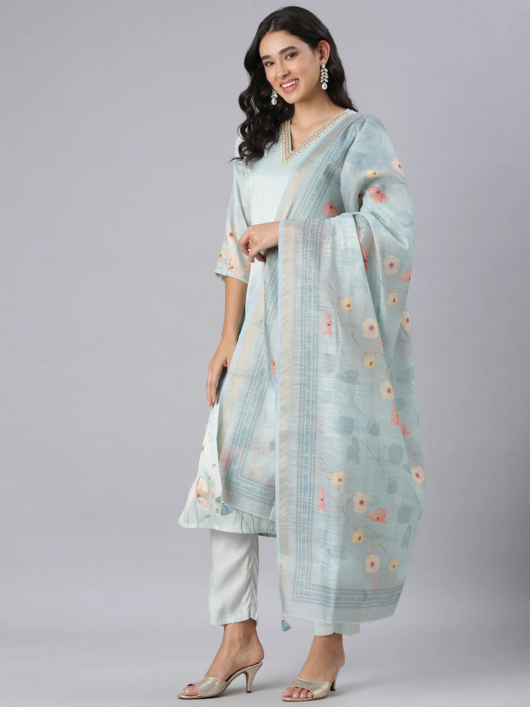 Neerus Blue Printed Straight Kurta And Trousers With Dupatta - Image 5