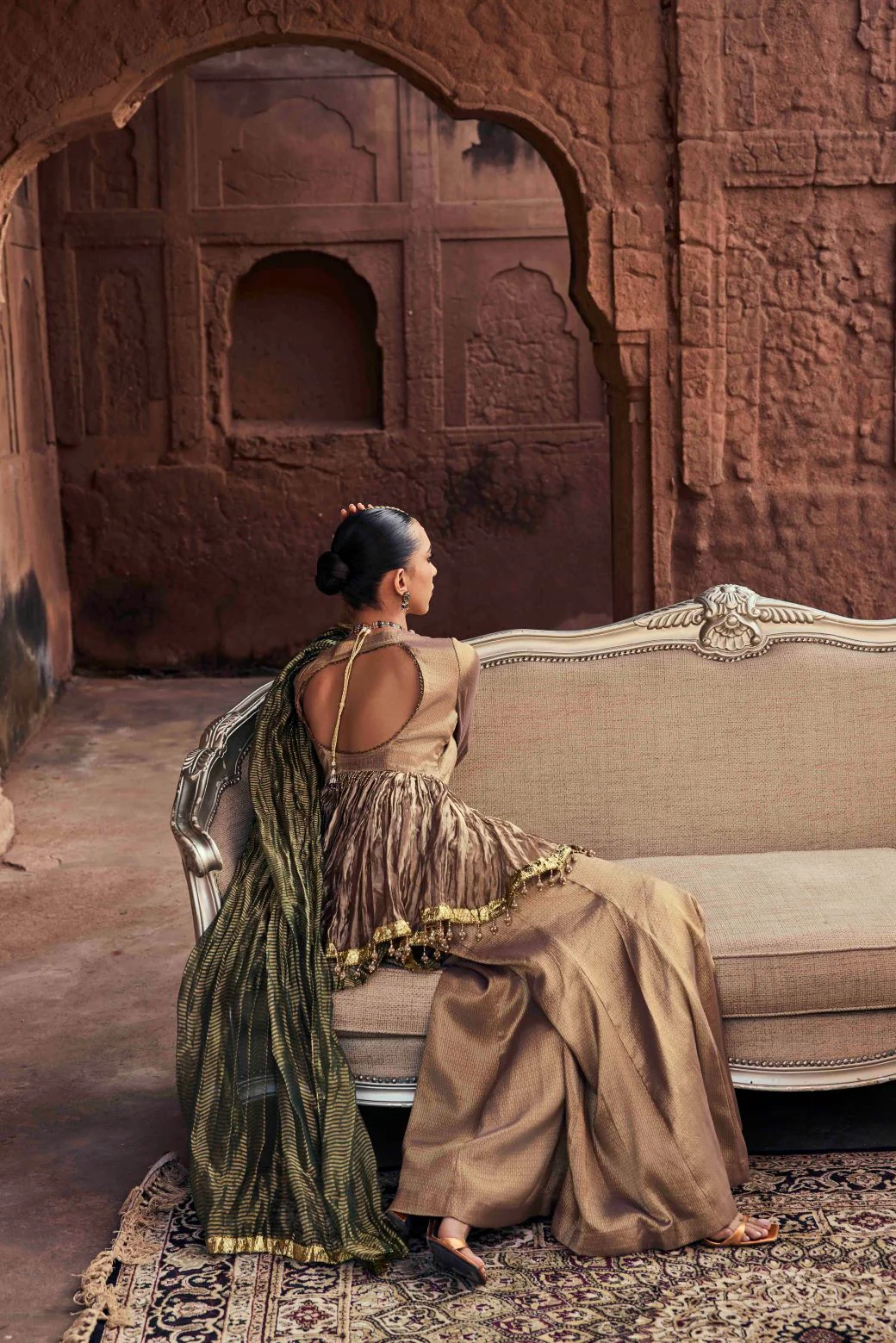 Neerus Brown Embroidery Organza Fabric Kurti and Plazzo with Dupatta - Image 3