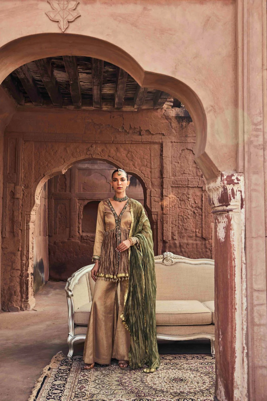 Neerus Brown Embroidery Organza Fabric Kurti and Plazzo with Dupatta - Image 4