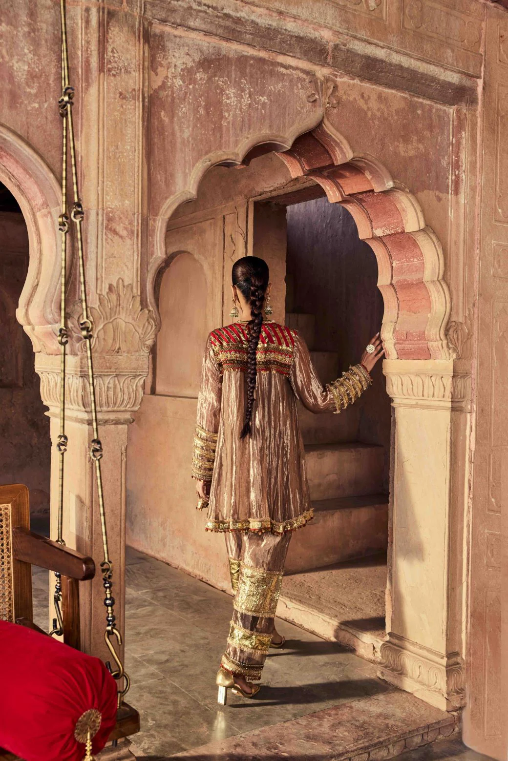 Neerus Brown Embroidery Tissue Fabric Kurti and Plazzo with Dupatta - Image 3