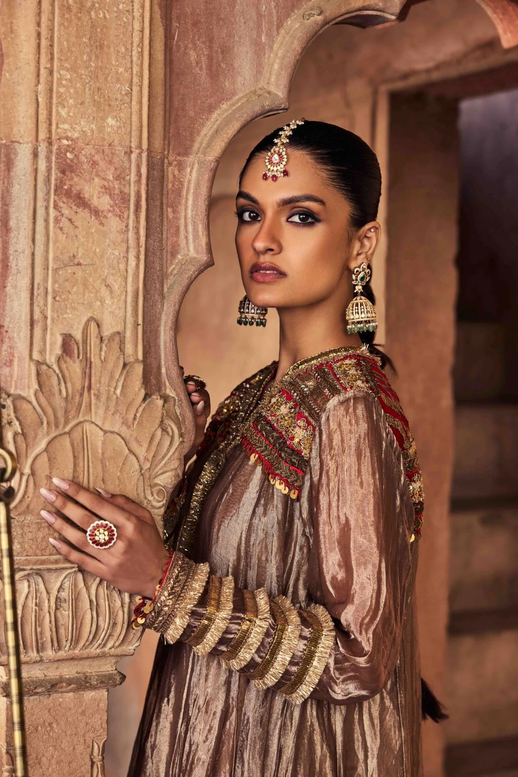 Neerus Brown Embroidery Tissue Fabric Kurti and Plazzo with Dupatta - Image 5