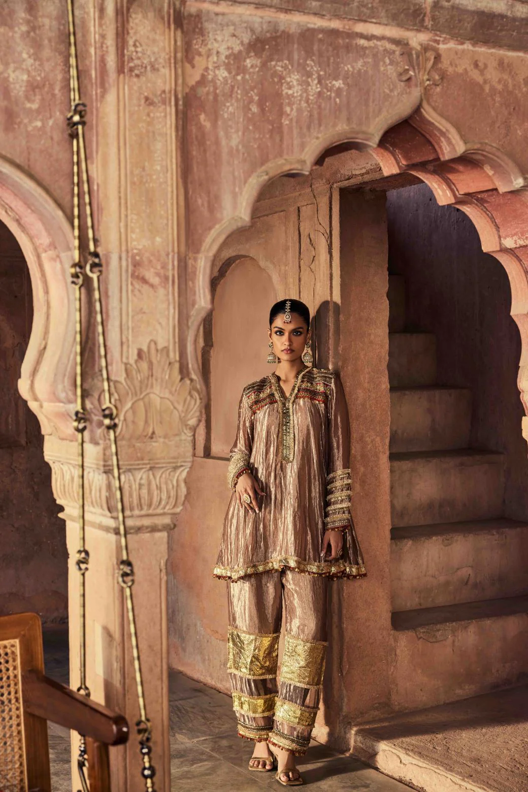 Neerus Brown Embroidery Tissue Fabric Kurti and Plazzo with Dupatta - Image 6