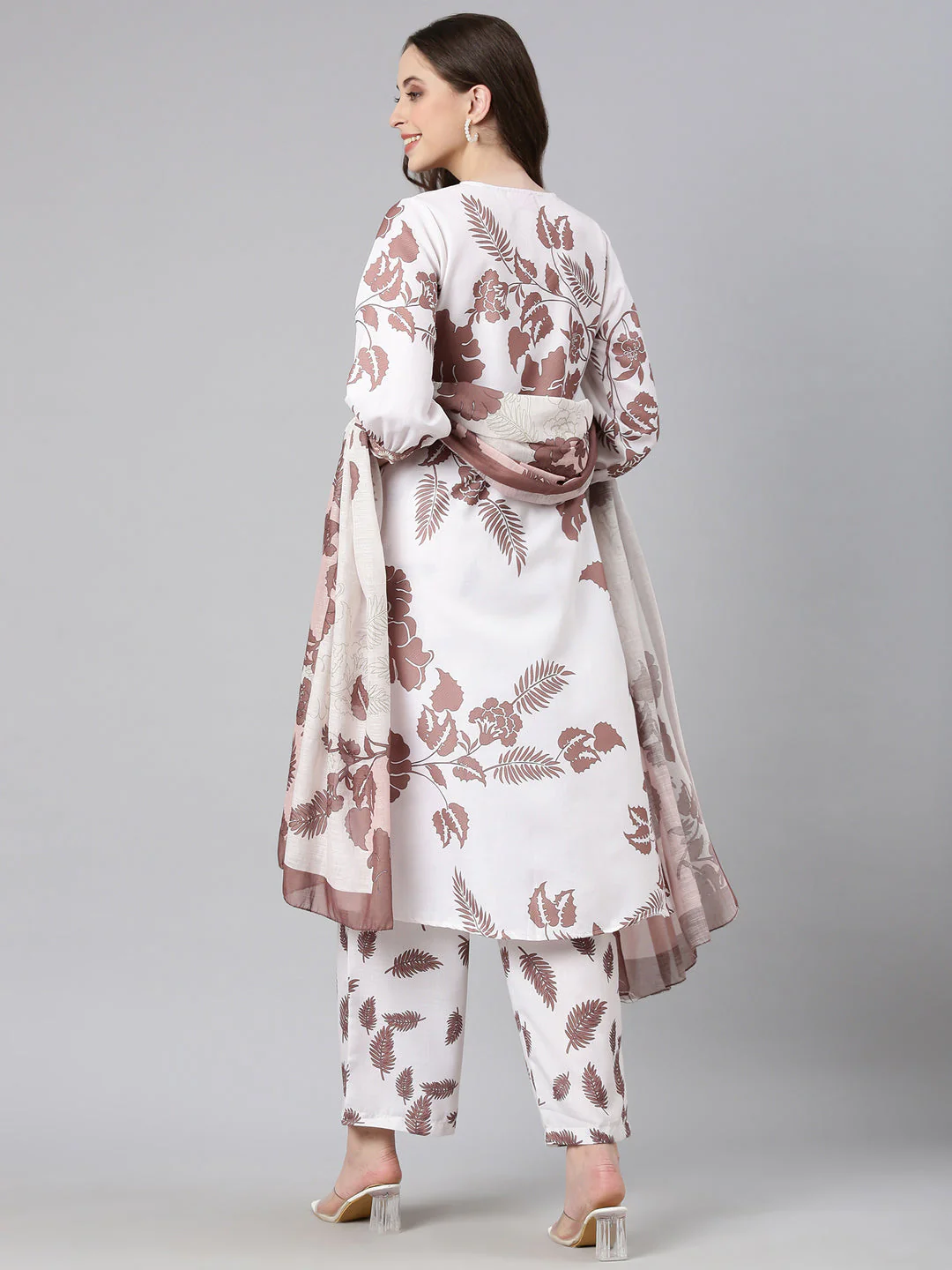 Neerus Brown Printed Straight Kurta and Trousers With Dupatta - Image 3