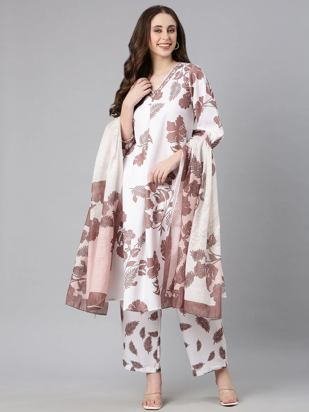 Neerus Brown Printed Straight Kurta and Trousers With Dupatta - Image 5