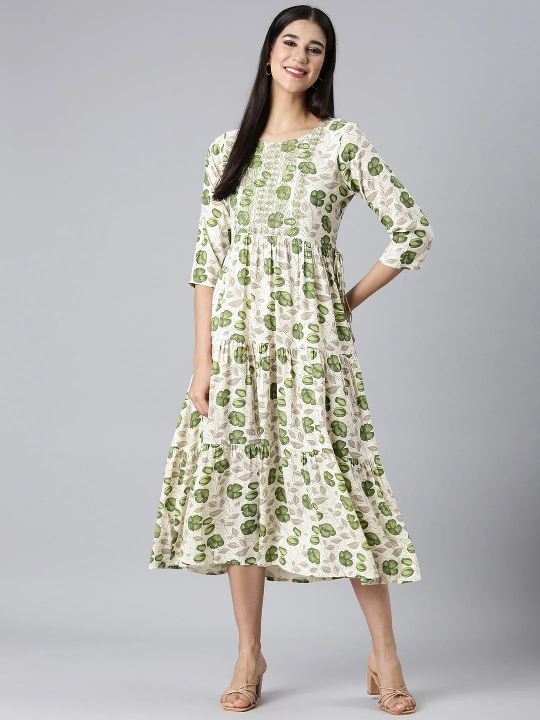 Neerus Cream Casual Floral Maxi Dresses - Image 5