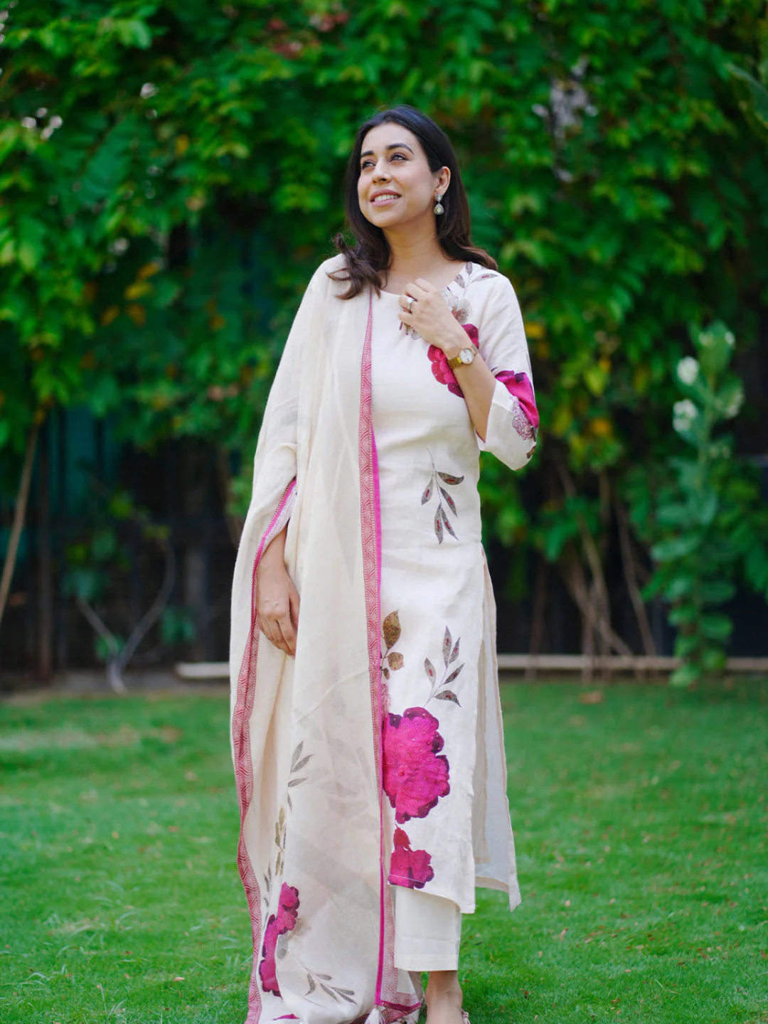 Neerus Cream Casual Floral Printed Kurta and Trouser with Dupatta - Image 3