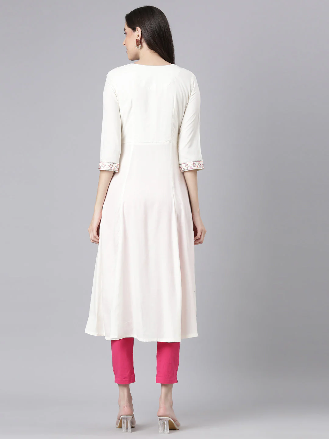 Neerus Cream Casual Solid Anarkali Kurta - Image 3