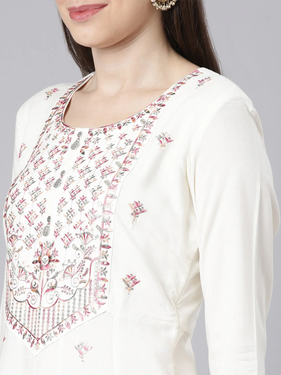 Neerus Cream Casual Solid Anarkali Kurta - Image 4