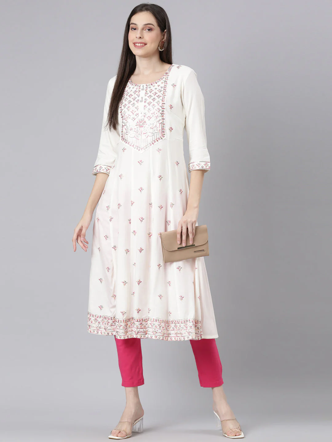 Neerus Cream Casual Solid Anarkali Kurta - Image 5