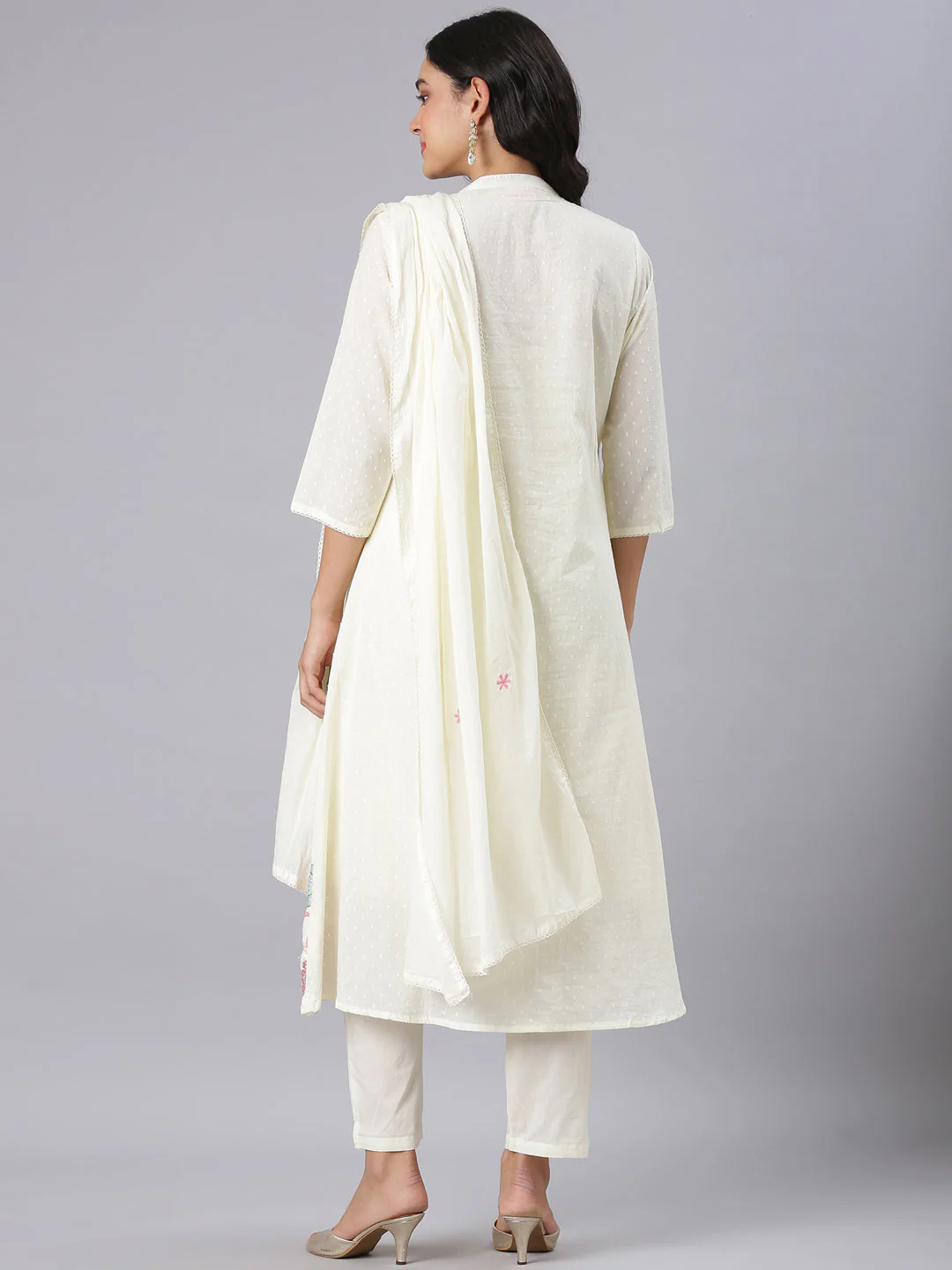Neerus Cream Embroidered Anarkali Kurta And Trousers With Dupatta - Image 3