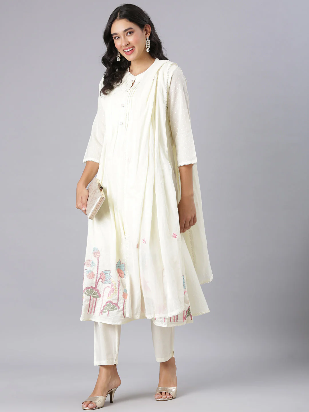 Neerus Cream Embroidered Anarkali Kurta And Trousers With Dupatta - Image 5