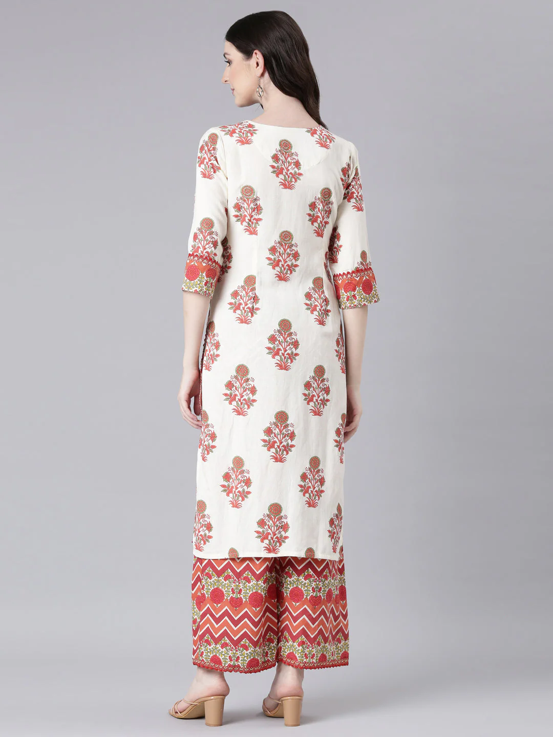 Neerus Cream Printed Straight Kurta and Palazzos - Image 3