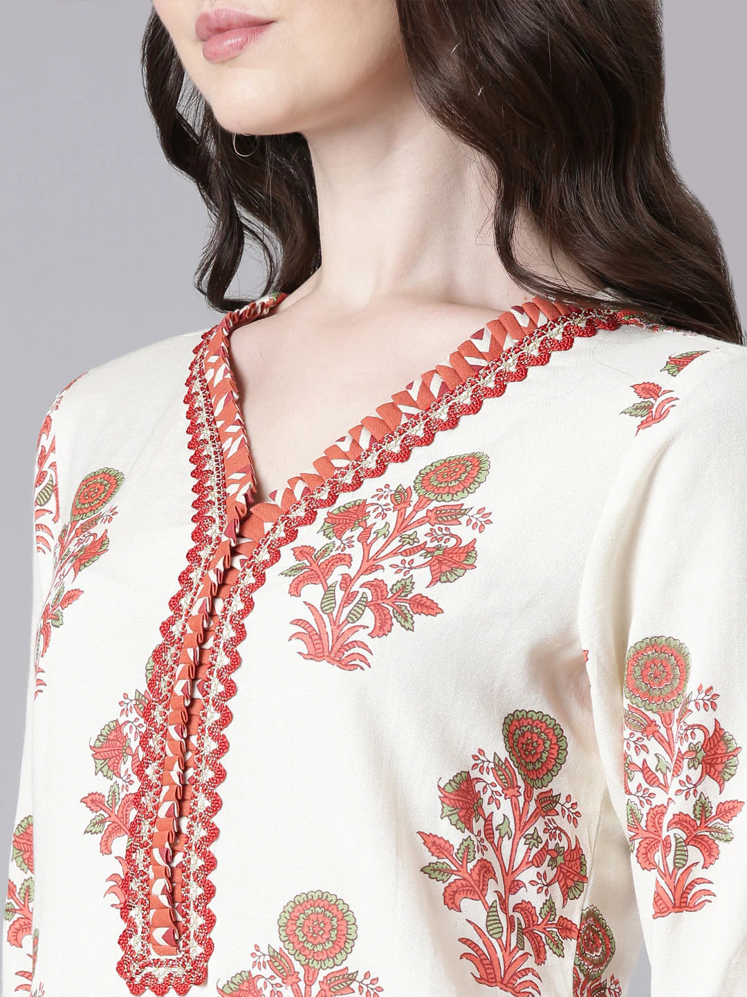 Neerus Cream Printed Straight Kurta and Palazzos - Image 4