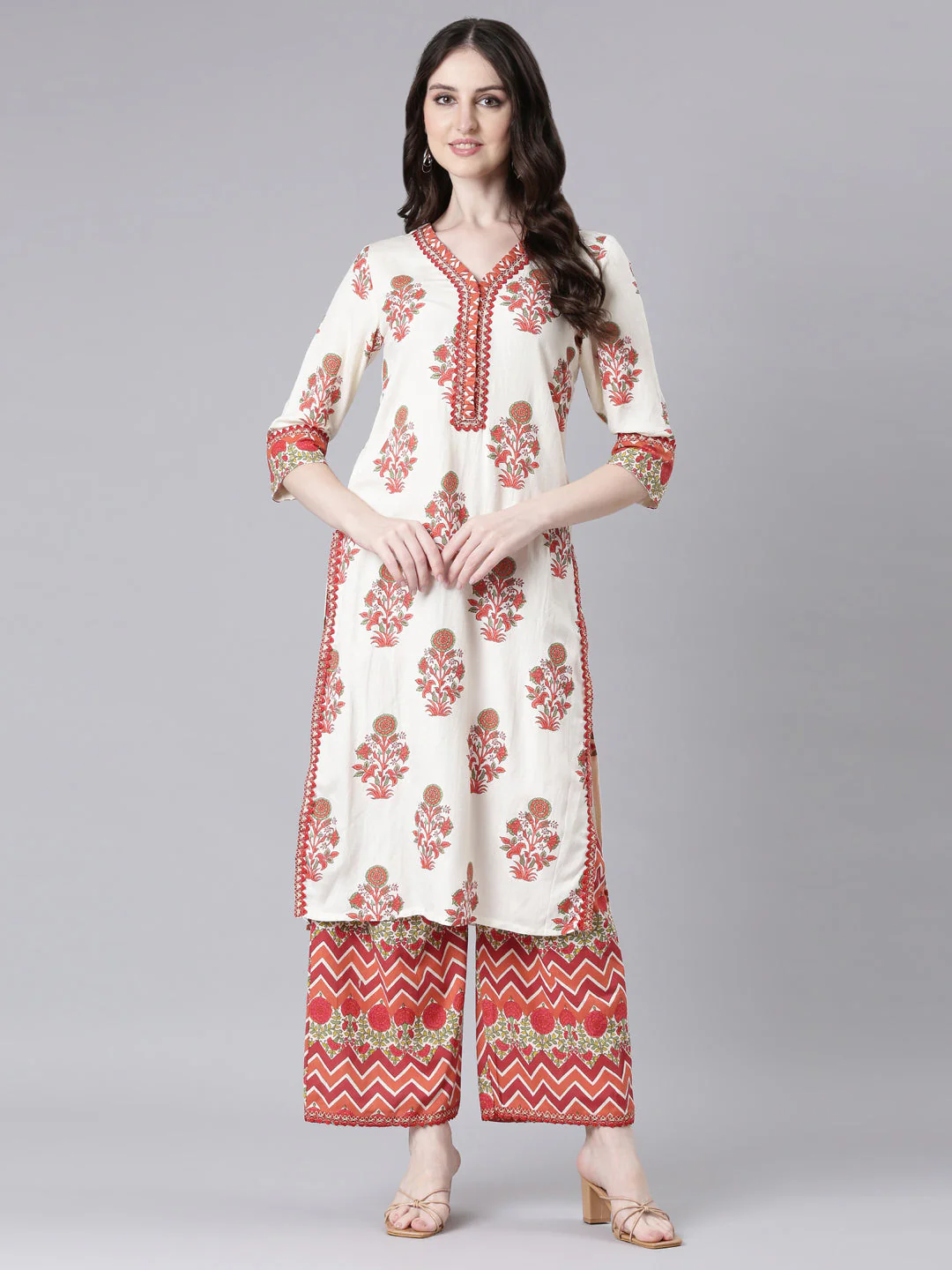 Neerus Cream Printed Straight Kurta and Palazzos - Image 5