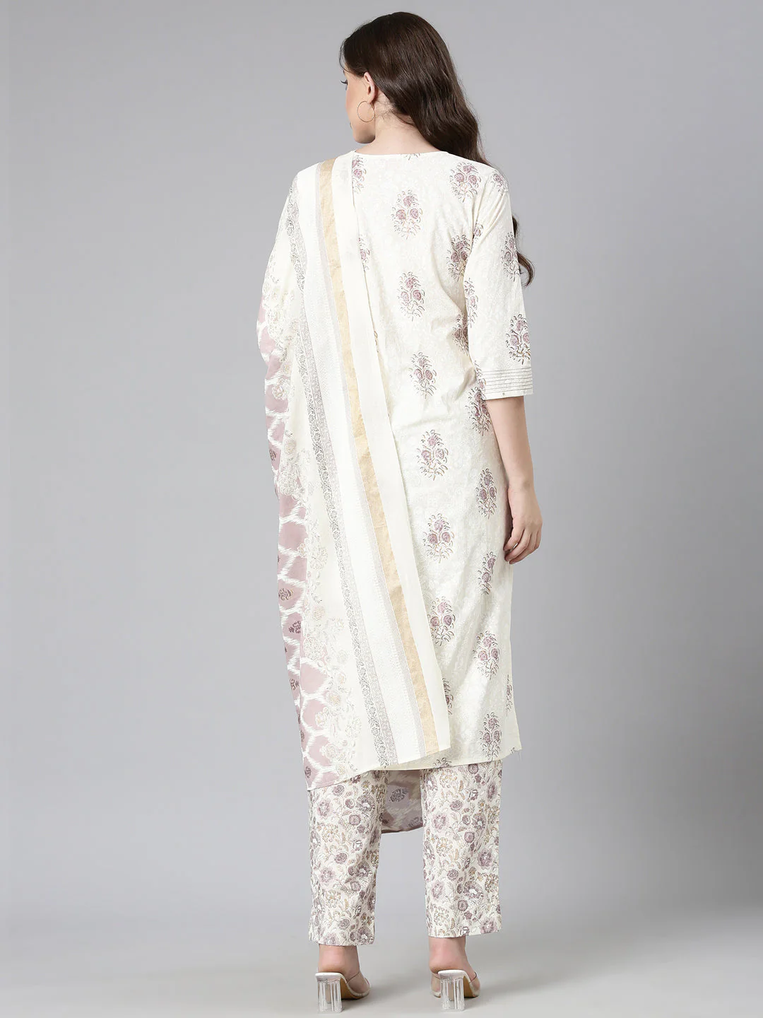 Neerus Cream Printed Straight Kurta and Trousers With Dupatta - Image 3