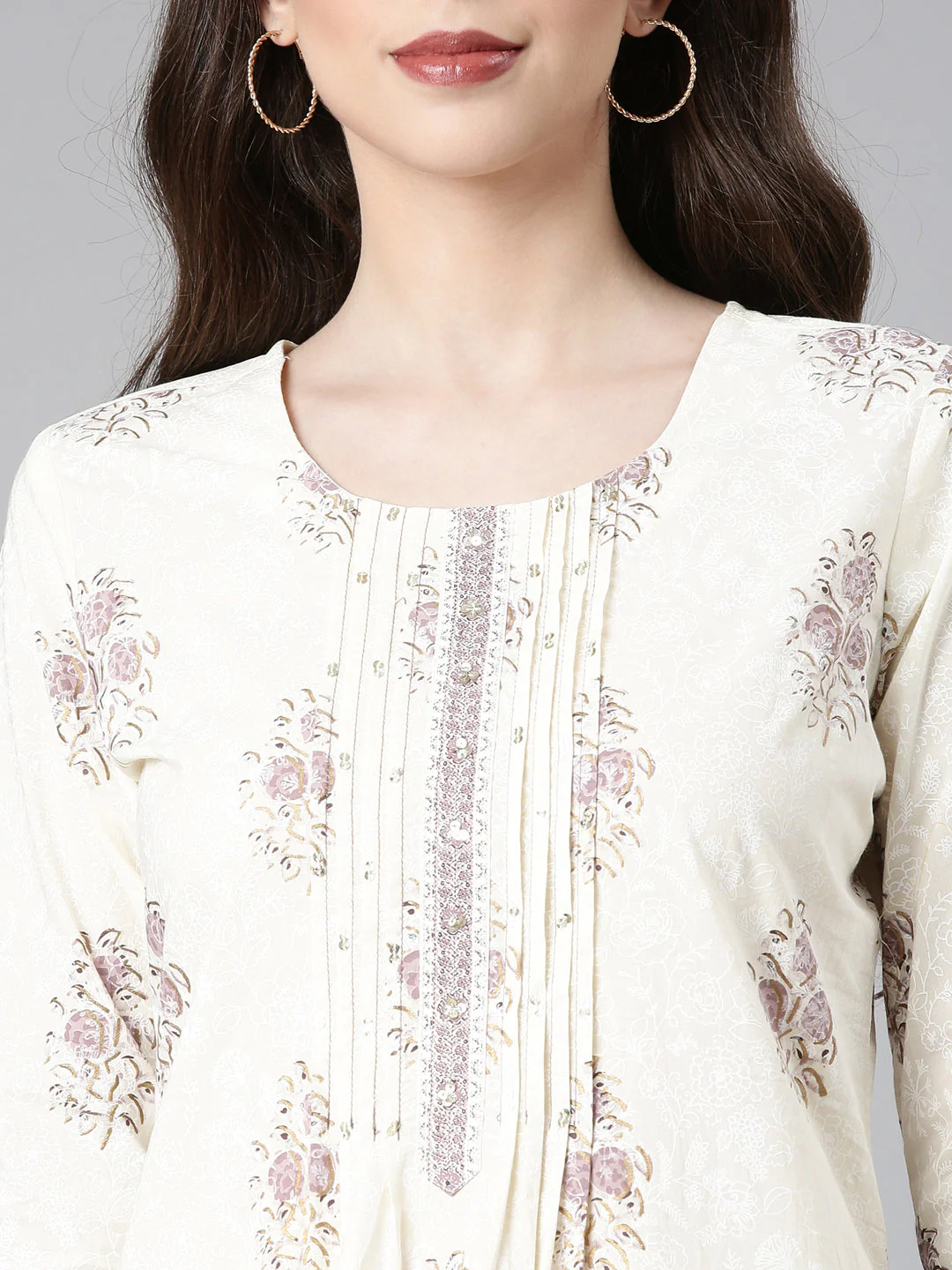 Neerus Cream Printed Straight Kurta and Trousers With Dupatta - Image 4