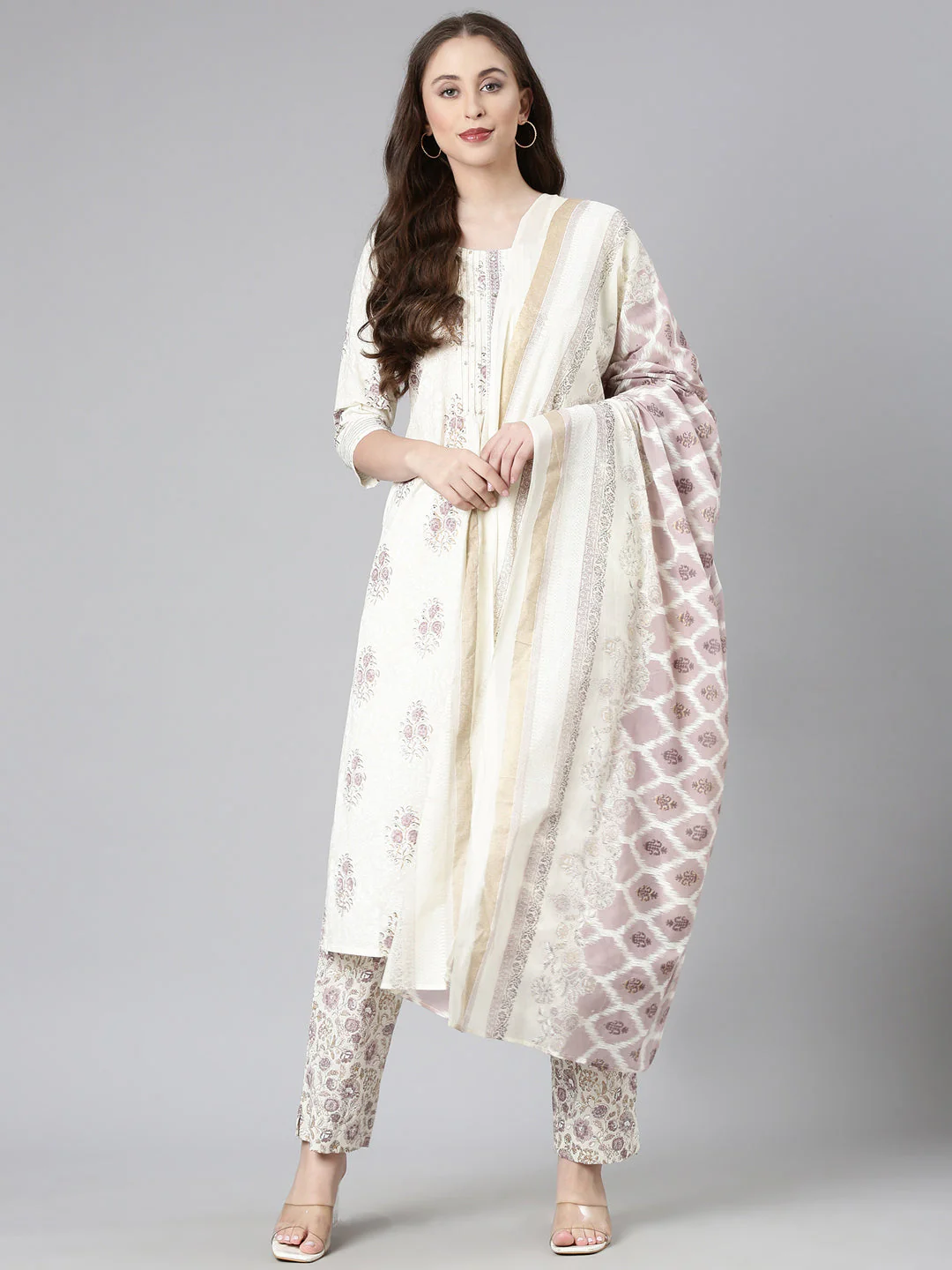 Neerus Cream Printed Straight Kurta and Trousers With Dupatta - Image 5