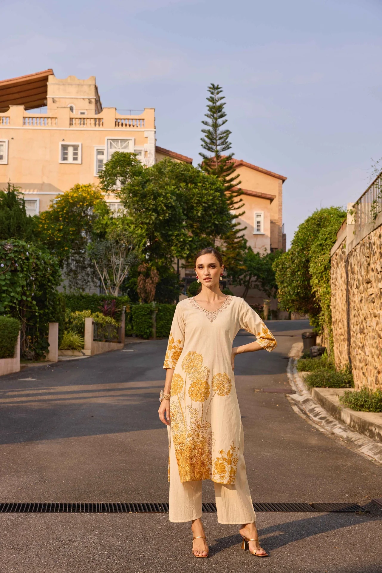 Neerus Gold Printed Straight Kurta and Palazzos - Image 3