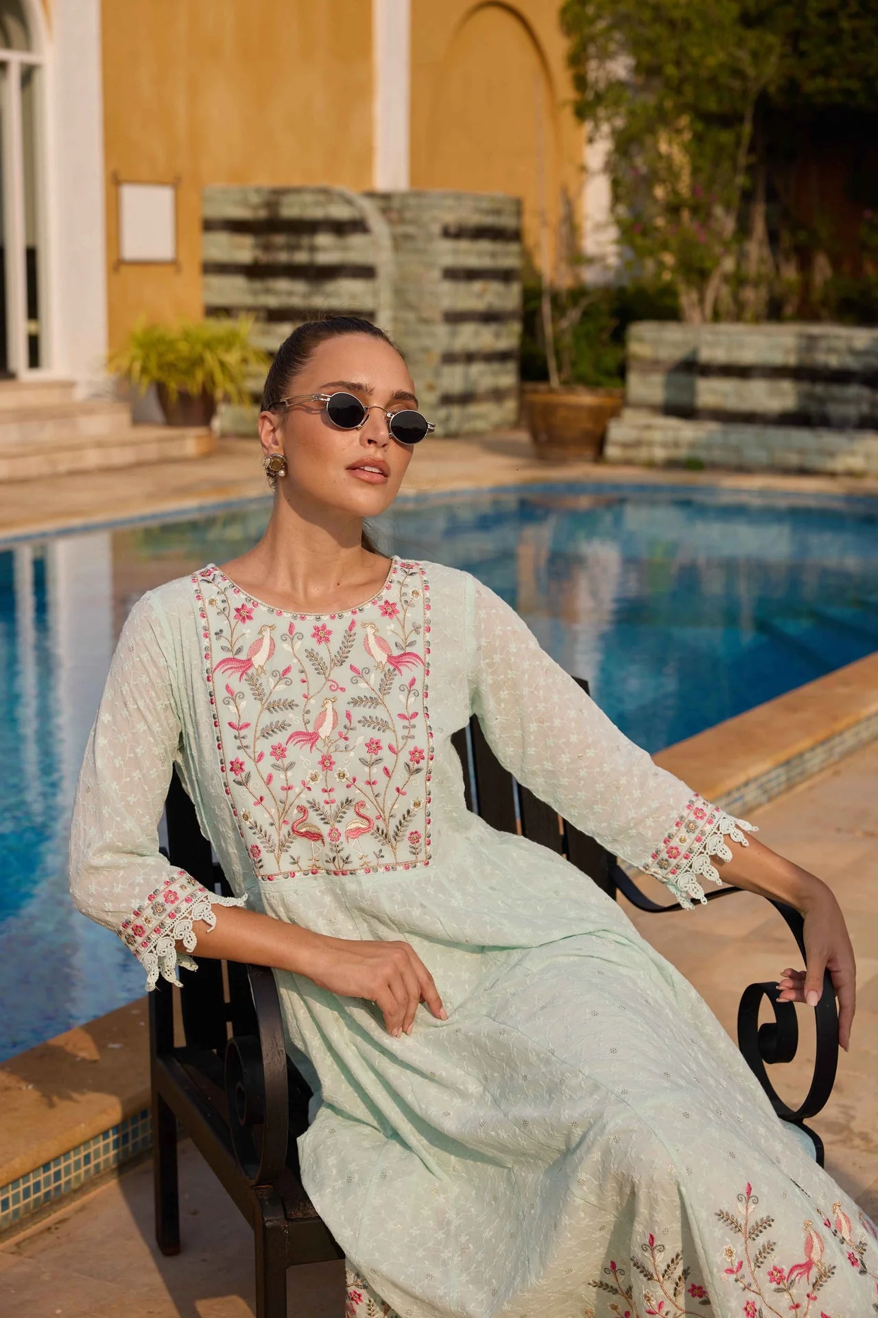 Neerus Mint Embroidered Anarkali Kurta and Trousers With Dupatta - Image 3