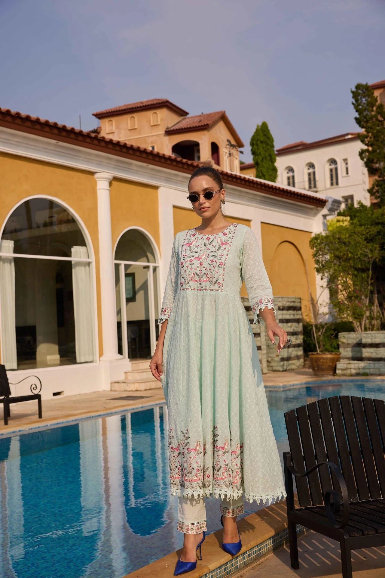 Neerus Mint Embroidered Anarkali Kurta and Trousers With Dupatta - Image 5