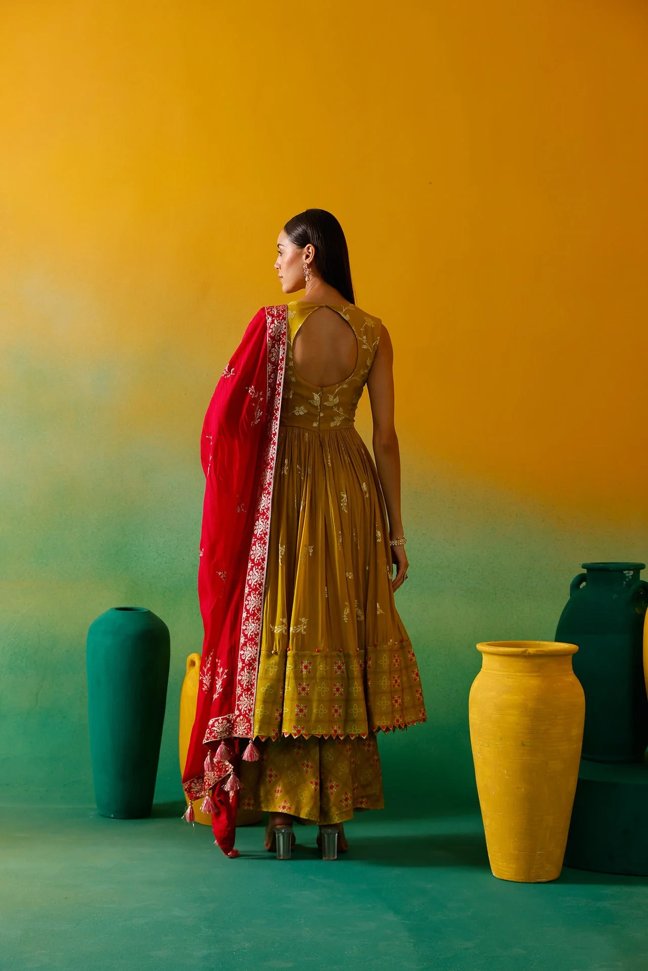 Neerus Green Embroidery Organza Fabric Anarkali Plazzo and Dupatta. - Image 10