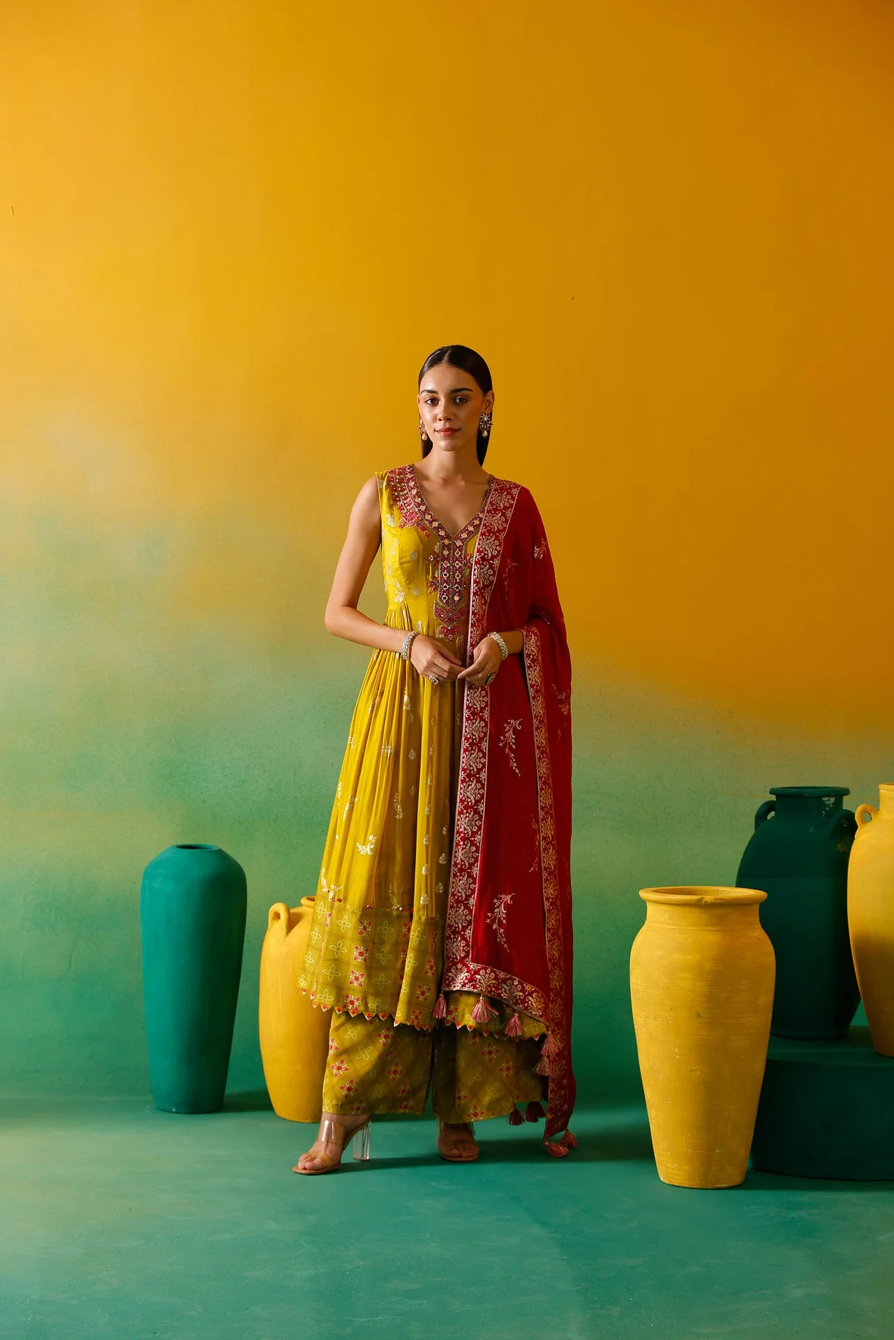 Neerus Green Embroidery Organza Fabric Anarkali Plazzo and Dupatta. - Image 12