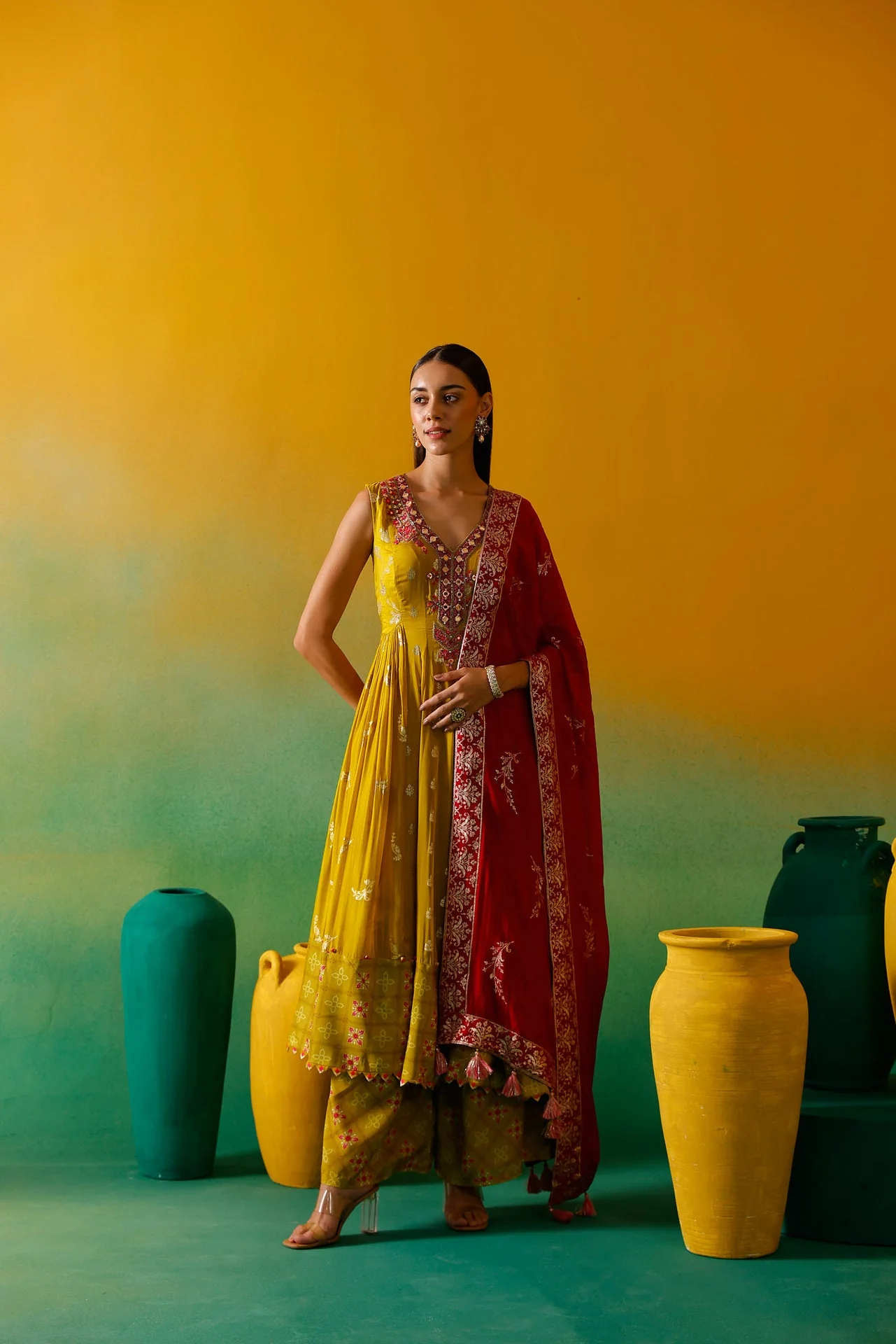 Neerus Green Embroidery Organza Fabric Anarkali Plazzo and Dupatta. - Image 13