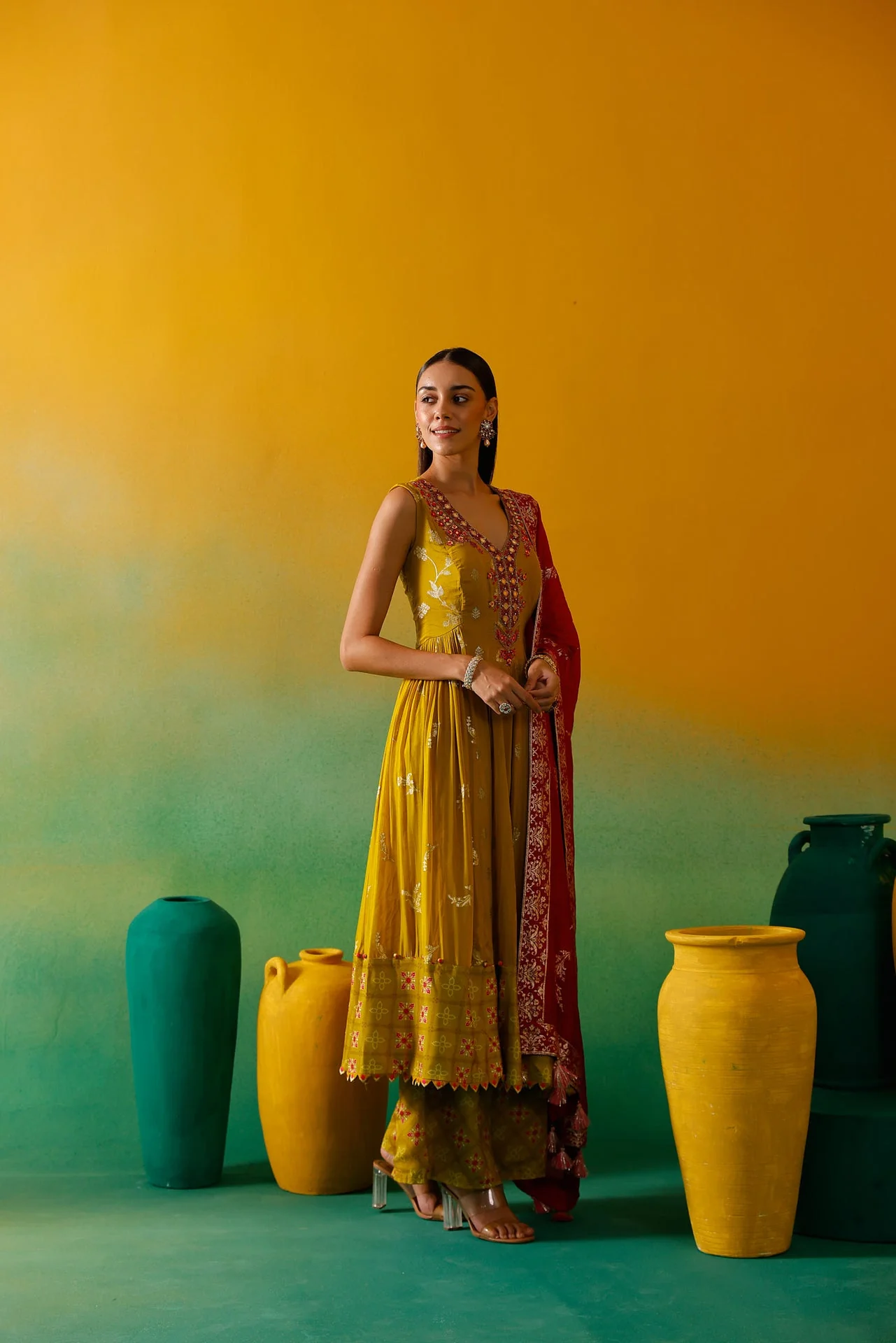 Neerus Green Embroidery Organza Fabric Anarkali Plazzo and Dupatta. - Image 3