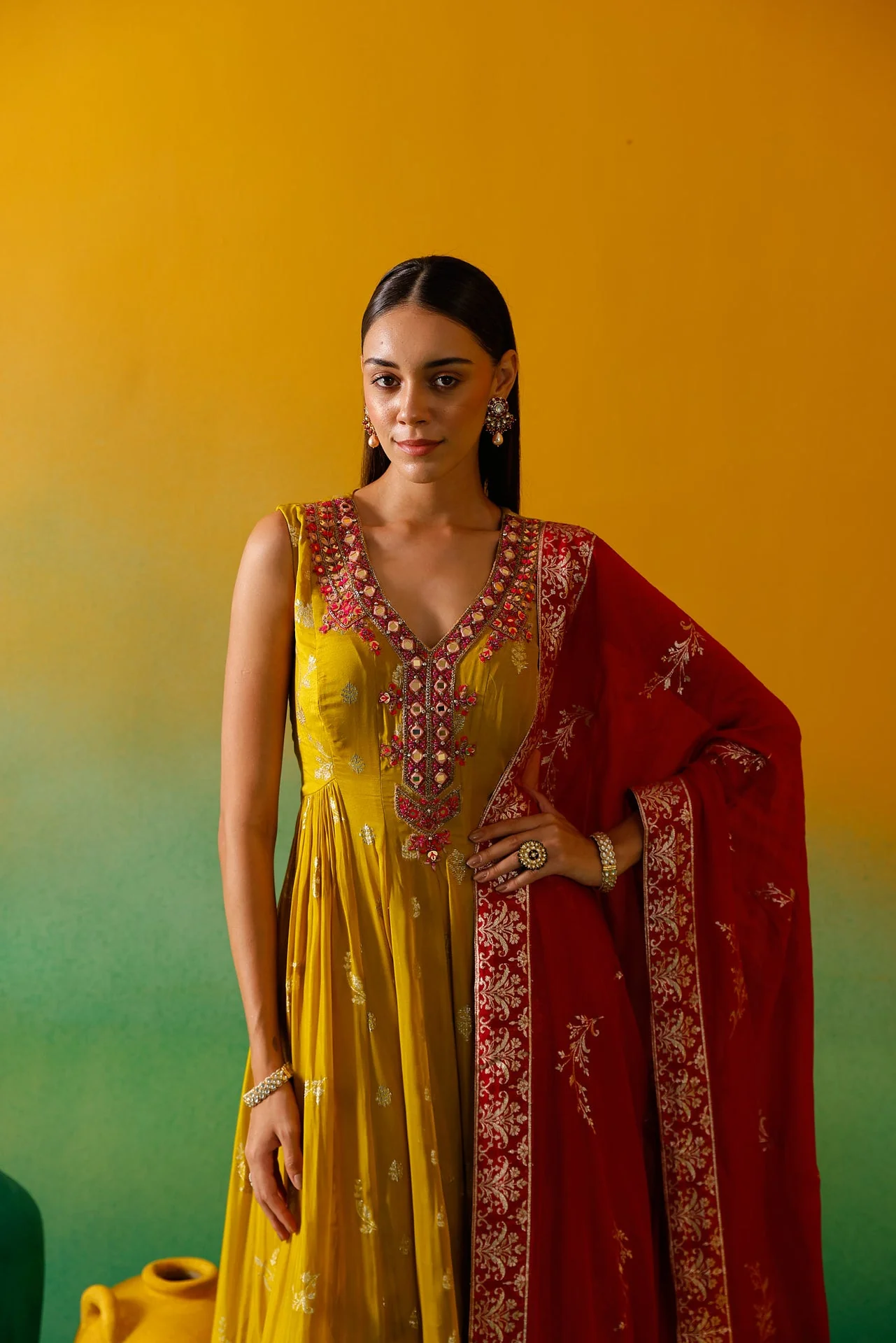 Neerus Green Embroidery Organza Fabric Anarkali Plazzo and Dupatta. - Image 4