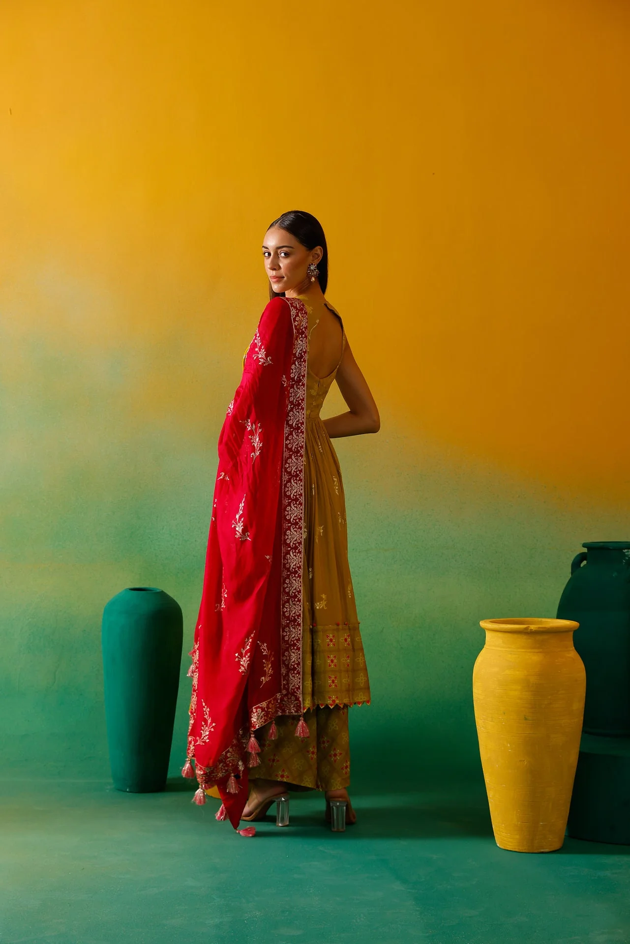 Neerus Green Embroidery Organza Fabric Anarkali Plazzo and Dupatta. - Image 5