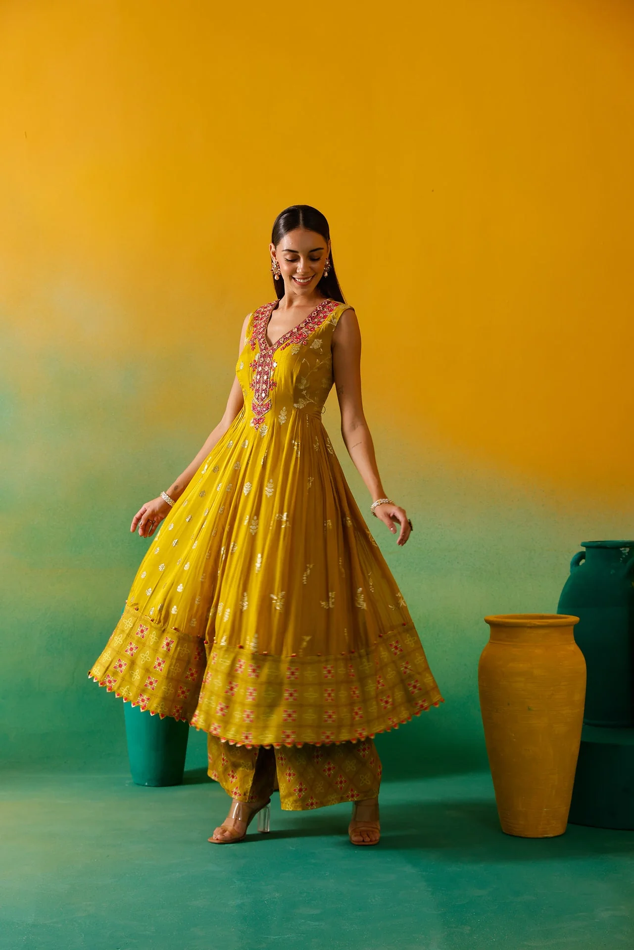 Neerus Green Embroidery Organza Fabric Anarkali Plazzo and Dupatta. - Image 6