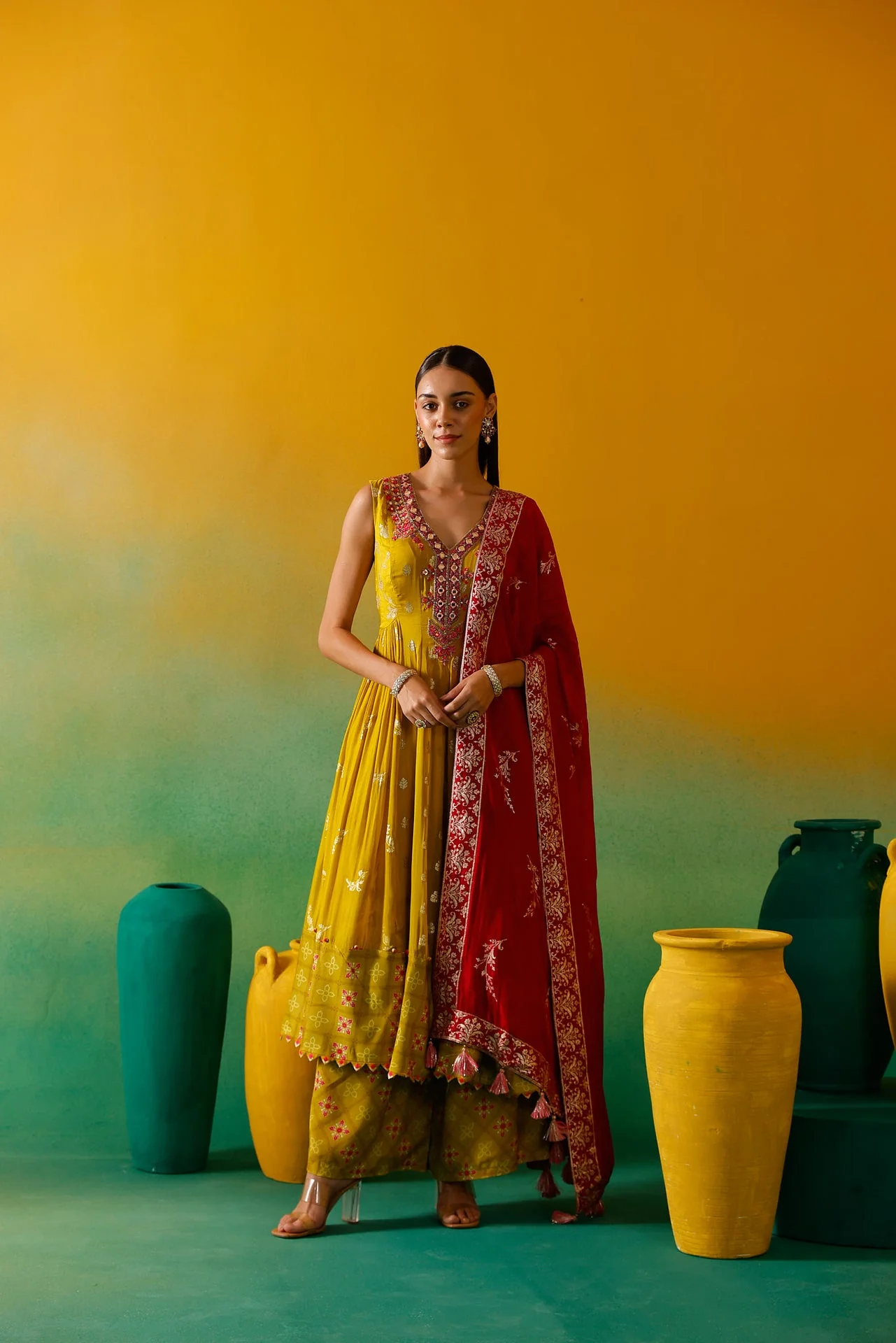 Neerus Green Embroidery Organza Fabric Anarkali Plazzo and Dupatta. - Image 7