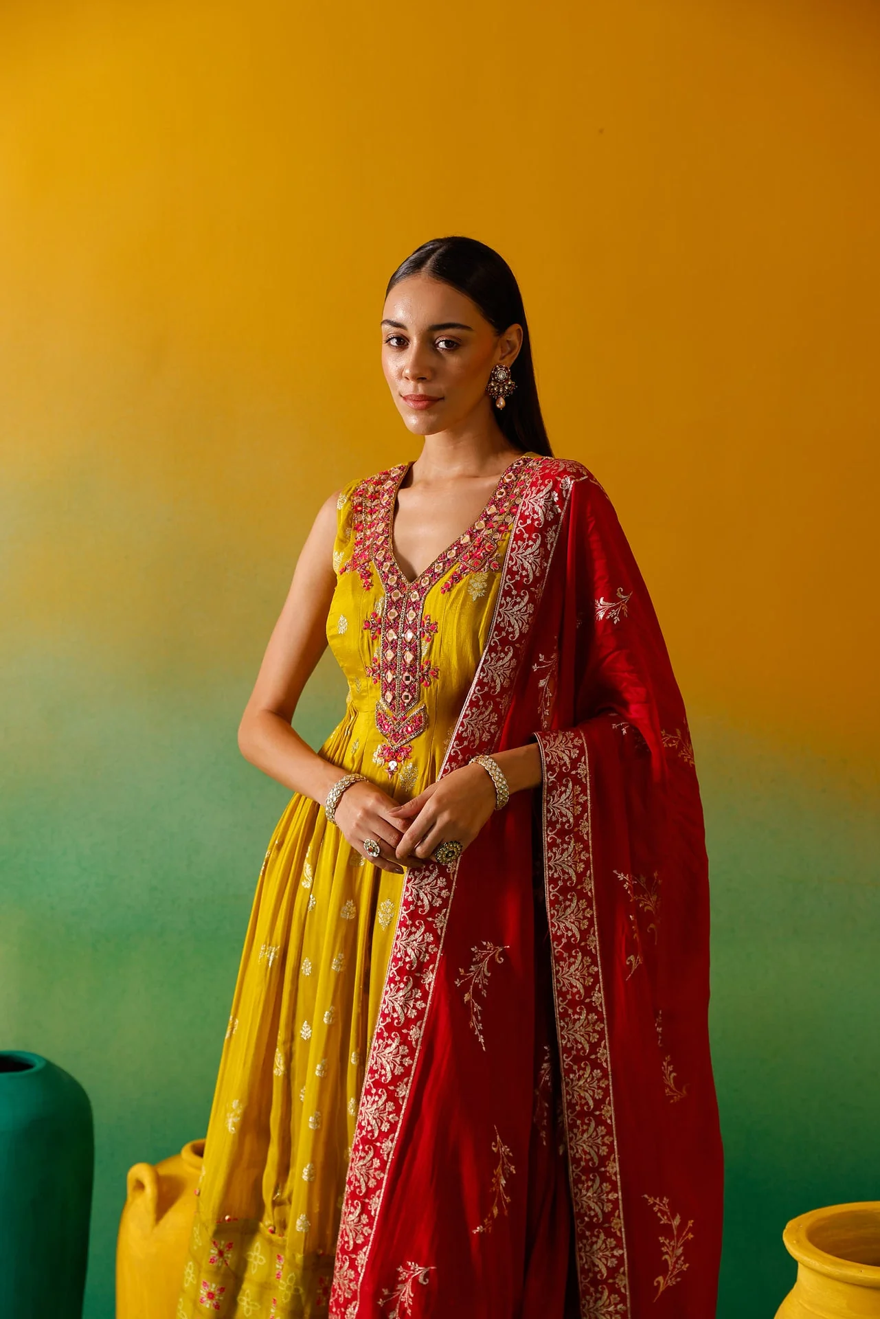 Neerus Green Embroidery Organza Fabric Anarkali Plazzo and Dupatta. - Image 9