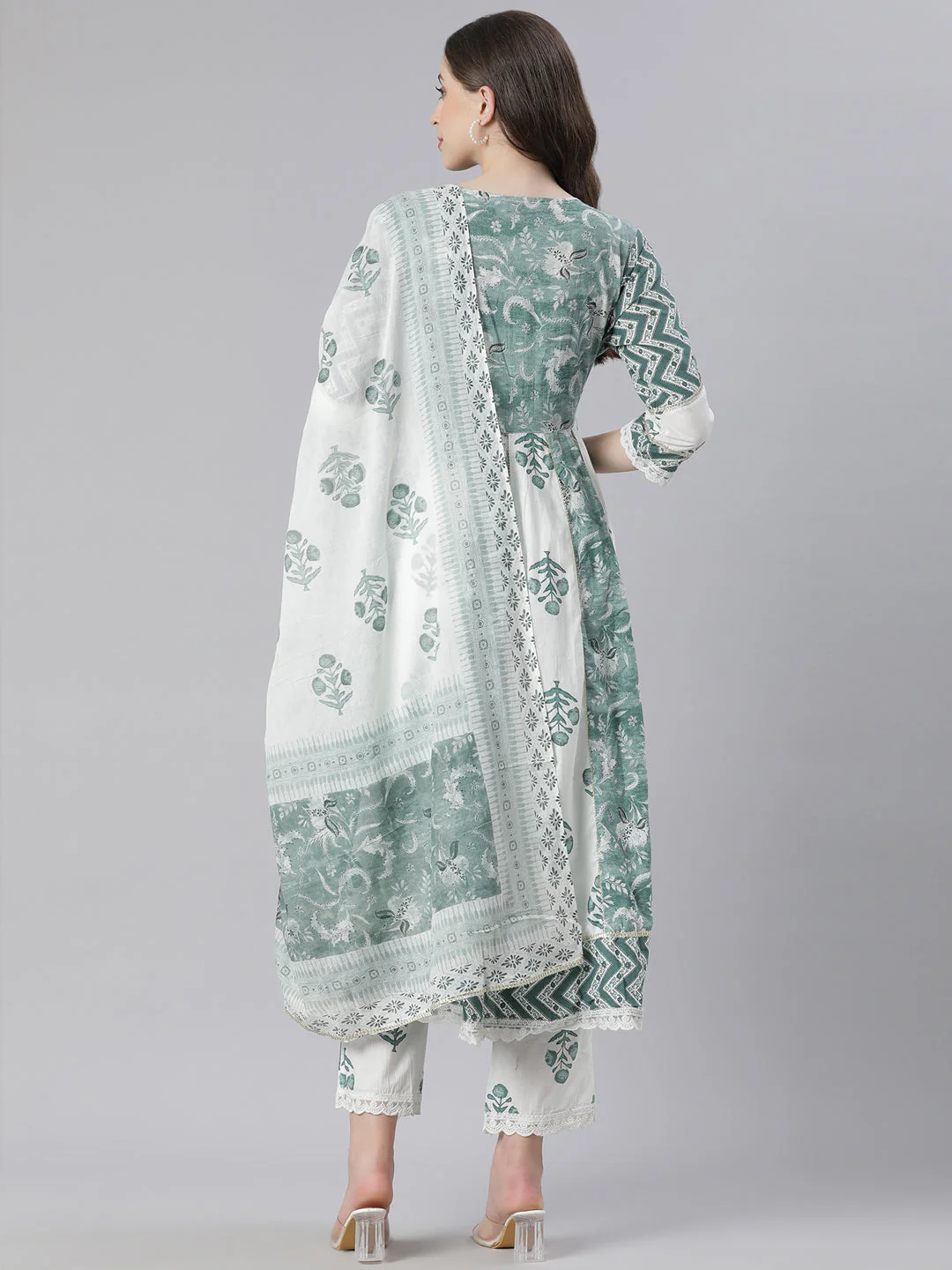 Neerus Green Printed Anarkali Kurta and Trousers With Dupatta - Image 3
