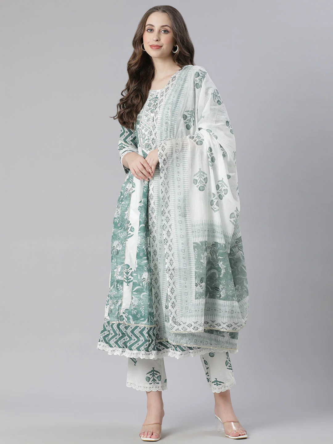 Neerus Green Printed Anarkali Kurta and Trousers With Dupatta - Image 5