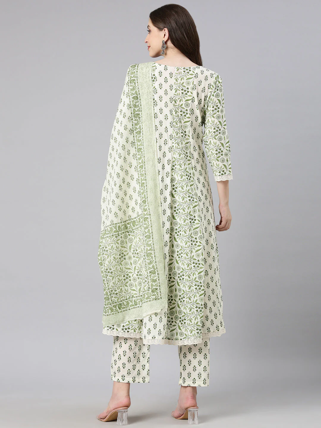 Neerus Green Printed Anarkali Kurta and Trousers With Dupatta - Image 3