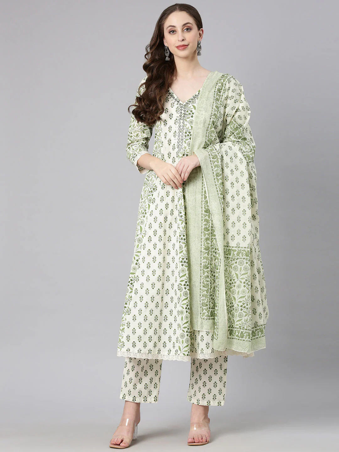 Neerus Green Printed Anarkali Kurta and Trousers With Dupatta - Image 5