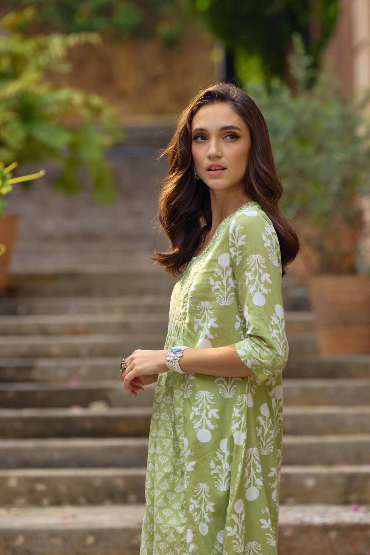 Neerus Green Printed Straight Kurta and Trousers - Image 3