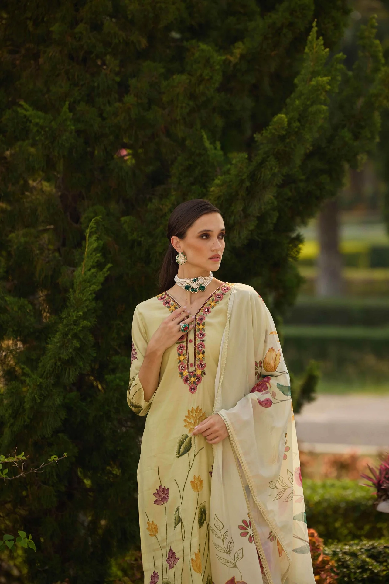Neerus Pista Printed Straight Kurta and Trousers With Dupatta - Image 3