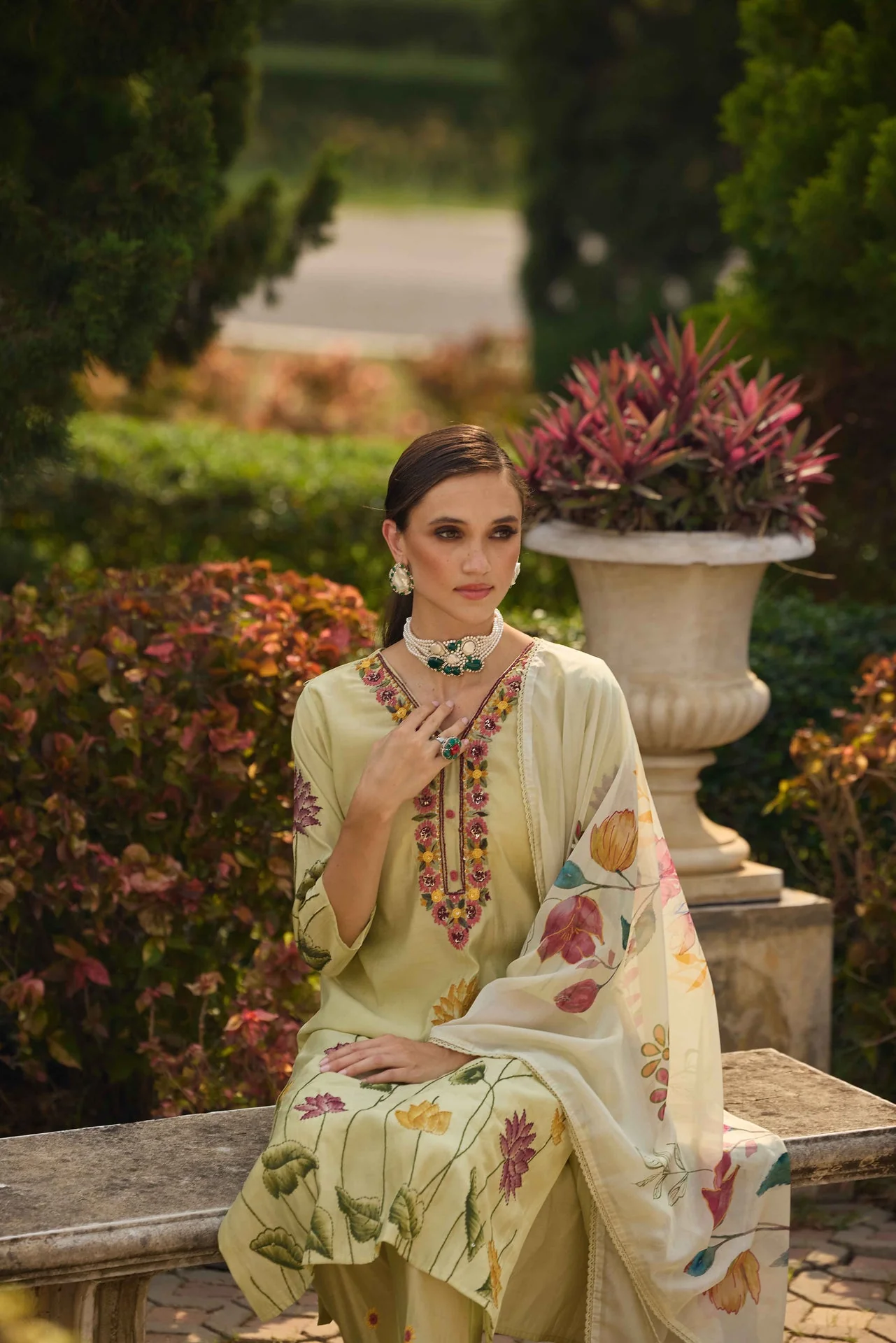 Neerus Pista Printed Straight Kurta and Trousers With Dupatta - Image 4