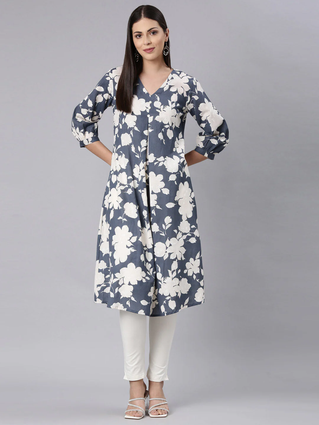 Neerus Grey Curved Casual Floral Anarkali Kurta - Image 6