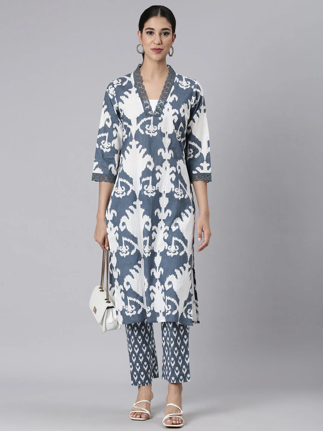 Neerus Grey Printed Straight Kurta and Trousers - Image 5