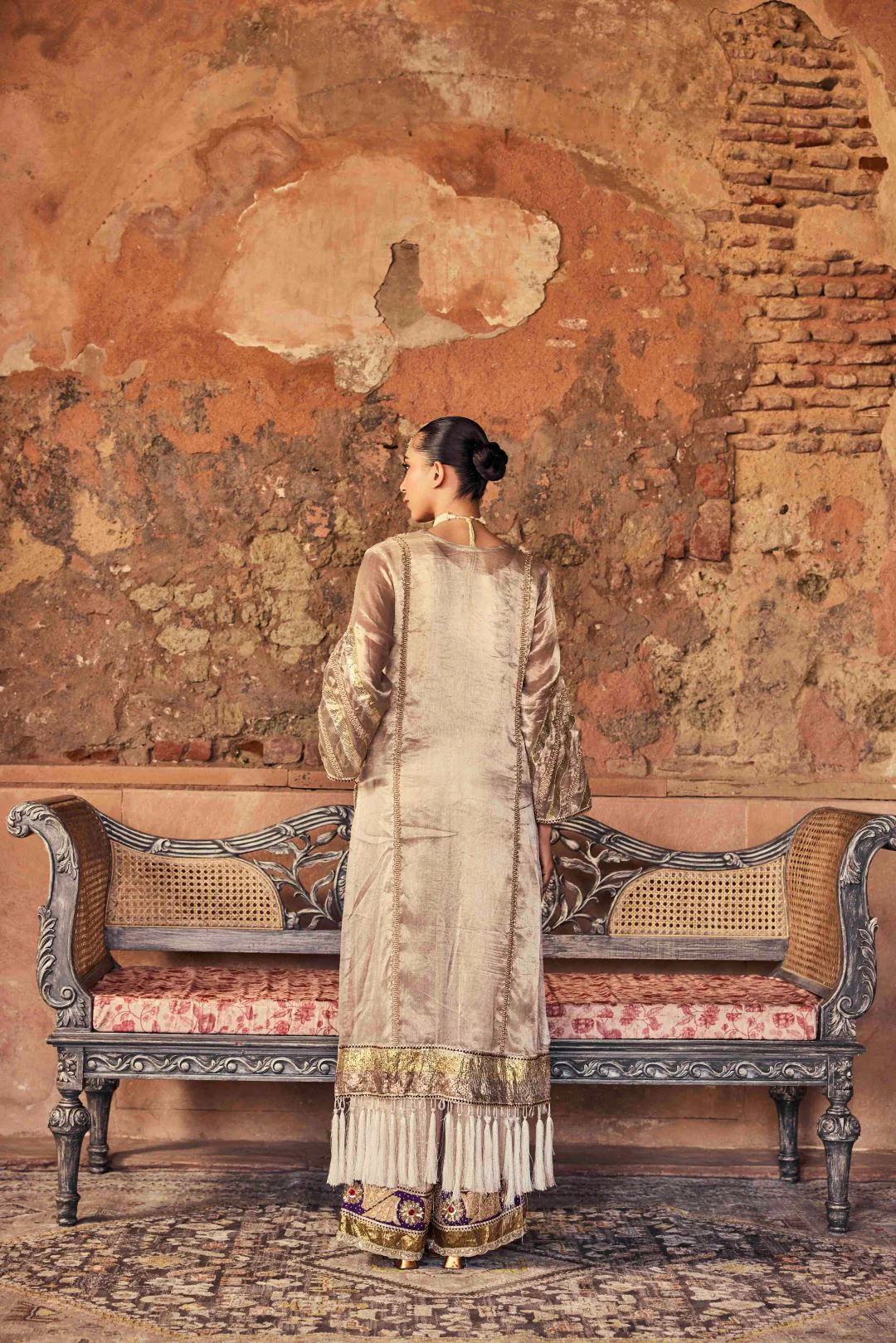 Neerus Grey Zari Work Organza Fabric Kurta and Trouser. - Image 3